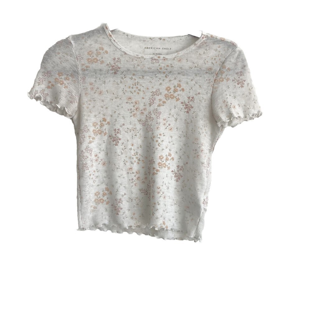 American Eagle Women’s Sz XS White Floral Short Sleeve Ruffle Blouse Top T-shirt